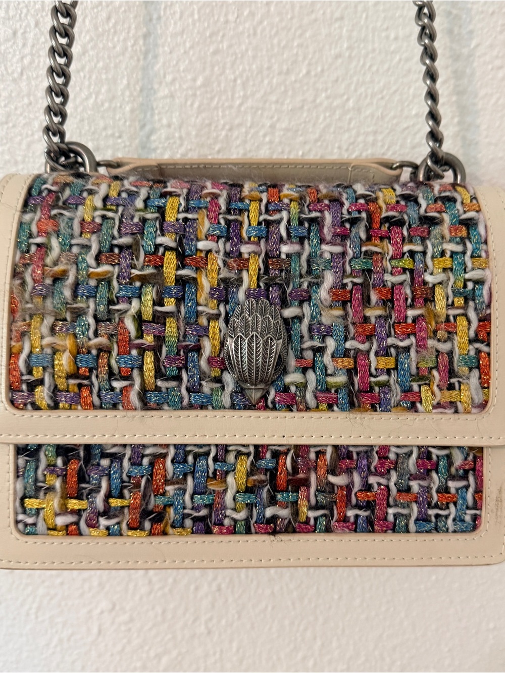 Kurt Geiger Multicolor Woven Tweed Crossbody with Cream Trim
